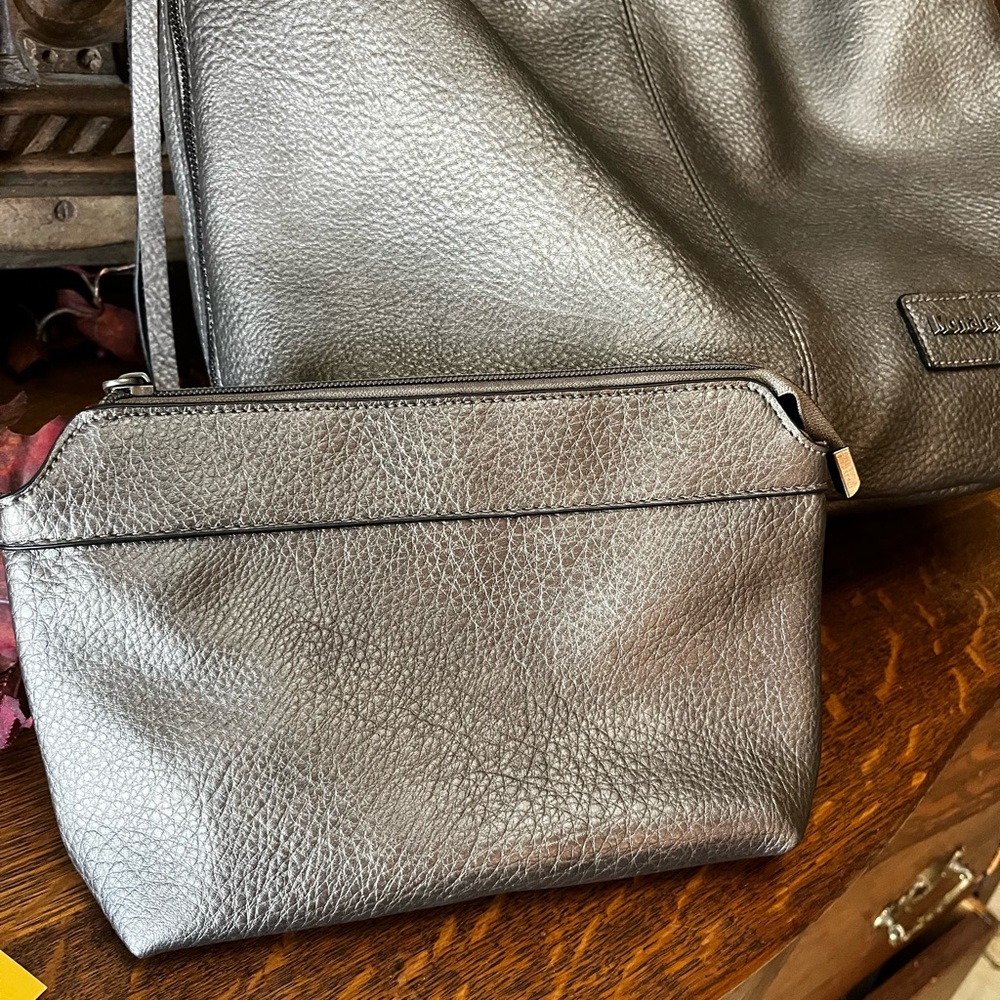Montana West Gunmetal Pebbled Vegan Leather Hobo Tote and Cosmetic Pouch - Picture 2 of 8